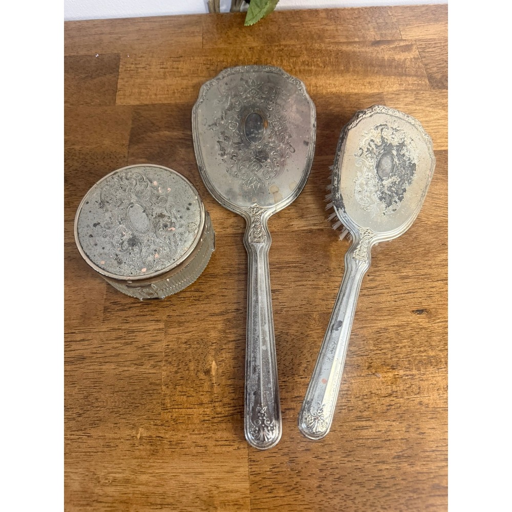 Vintage Silverplate Vanity Set Mirror Brush Powder Jar Floral Dresser Set